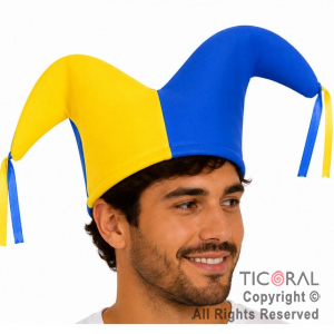 SOMBRERO BUFON DOS PUNTAS EQUIPO AZUL Y AMARILLO JERSEY x 10 UNIDADES